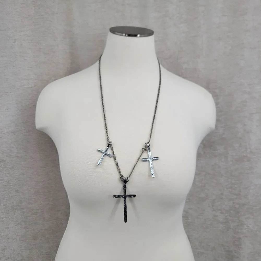 3 Cross Necklace Silver-toned Chain Hammered Metal Crosses